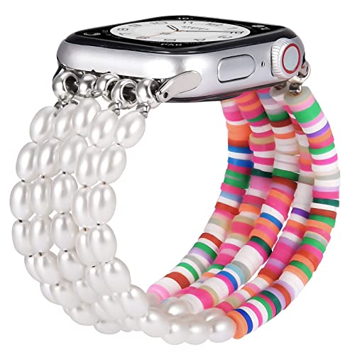 V-MORO Beaded Bracelet Compatible with Apple Watch Bands Series 7/6 45mm 44mm 42mm Women, Peal Silicone Sheet Fashion Handmade Elastic Stretch Strap for iWatch Series SE/5/4/3/2/1