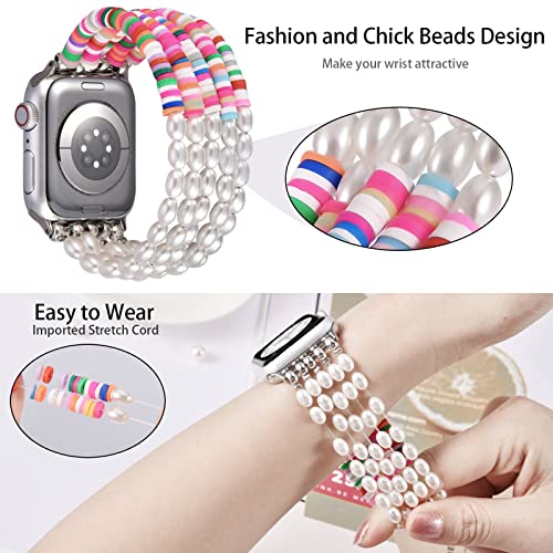 V-MORO Beaded Bracelet Compatible with Apple Watch Bands Series 7/6 45mm 44mm 42mm Women, Peal Silicone Sheet Fashion Handmade Elastic Stretch Strap for iWatch Series SE/5/4/3/2/1