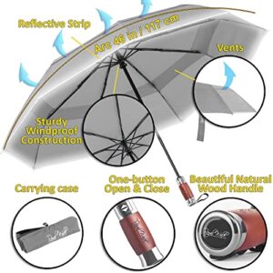 Royal Walk Windproof Folding Travel Umbrella Compact and Strong Luxurious Real Wood Handle Automatic Open Close Vented Double Canopy for Men and Women