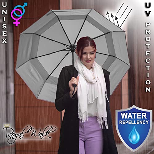 Royal Walk Windproof Folding Travel Umbrella Compact and Strong Luxurious Real Wood Handle Automatic Open Close Vented Double Canopy for Men and Women