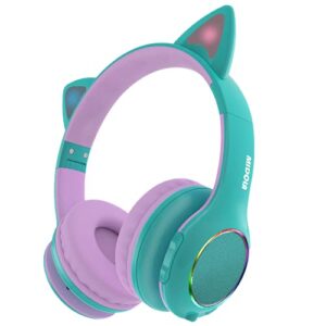 midola kids headphone bluetooth wireless or wired over ear cat light foldable stereo headset with aux 3.5mm mic volume limit 110-94 db for adult child boy girl cellphone tablets tv game green