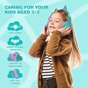 MIDOLA Kids Headphone Bluetooth Wireless or Wired Over Ear Cat Light Foldable Stereo Headset with AUX 3.5mm Mic Volume Limit 110-94 dB for Adult Child Boy Girl Cellphone Tablets TV Game Green