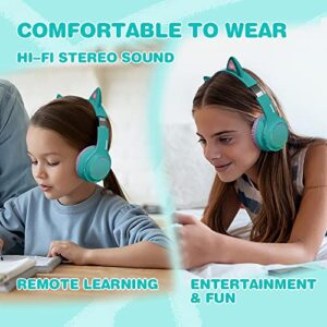 MIDOLA Kids Headphone Bluetooth Wireless or Wired Over Ear Cat Light Foldable Stereo Headset with AUX 3.5mm Mic Volume Limit 110-94 dB for Adult Child Boy Girl Cellphone Tablets TV Game Green