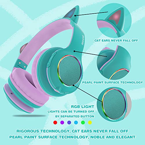 MIDOLA Kids Headphone Bluetooth Wireless or Wired Over Ear Cat Light Foldable Stereo Headset with AUX 3.5mm Mic Volume Limit 110-94 dB for Adult Child Boy Girl Cellphone Tablets TV Game Green