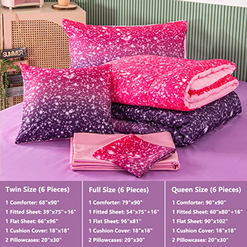 PERFEMET Purple Glitter Comforter Set Twin Size 6 Pieces Bed in A Bag for Teen Girls 3D Colorful Rainbow Bedding Comforter Sheet Set Ultra Soft Galaxy Quilted Duvet