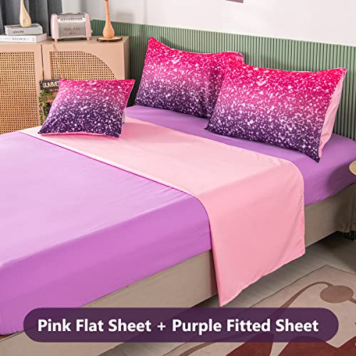 PERFEMET Purple Glitter Comforter Set Twin Size 6 Pieces Bed in A Bag for Teen Girls 3D Colorful Rainbow Bedding Comforter Sheet Set Ultra Soft Galaxy Quilted Duvet