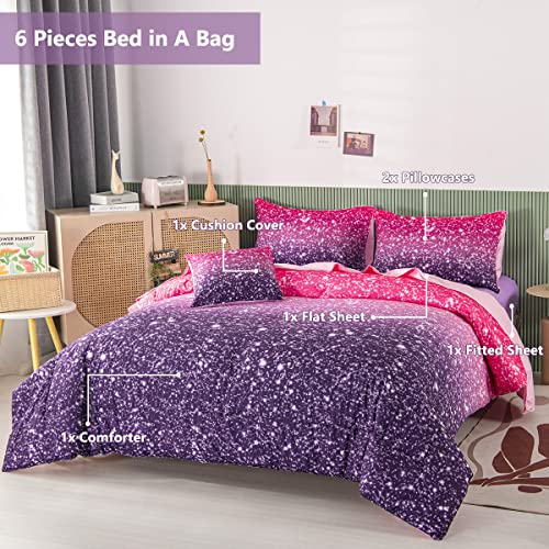 PERFEMET Purple Glitter Comforter Set Twin Size 6 Pieces Bed in A Bag for Teen Girls 3D Colorful Rainbow Bedding Comforter Sheet Set Ultra Soft Galaxy Quilted Duvet