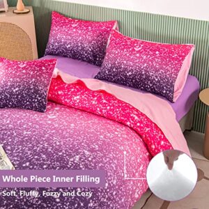 PERFEMET Purple Glitter Comforter Set Twin Size 6 Pieces Bed in A Bag for Teen Girls 3D Colorful Rainbow Bedding Comforter Sheet Set Ultra Soft Galaxy Quilted Duvet