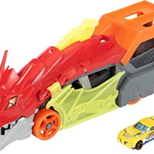 Hot Wheels Toy Car Track Set City Dragon Launch Transporter & 1:64 Scale Car, Stores Up to 5 Vehicles