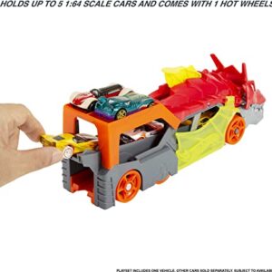 Hot Wheels Toy Car Track Set City Dragon Launch Transporter & 1:64 Scale Car, Stores Up to 5 Vehicles