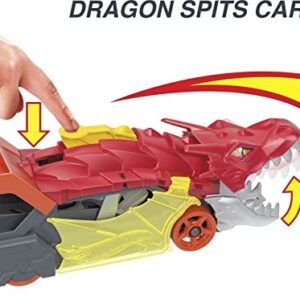 Hot Wheels Toy Car Track Set City Dragon Launch Transporter & 1:64 Scale Car, Stores Up to 5 Vehicles