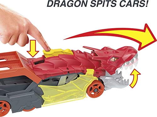 Hot Wheels Toy Car Track Set City Dragon Launch Transporter & 1:64 Scale Car, Stores Up to 5 Vehicles