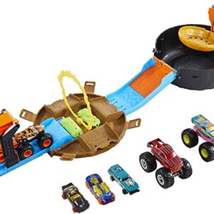 Hot Wheels Monster Trucks Stunt Tire Playset With 3 Toy Monster Trucks & 4 Hot Wheels Toy Cars in 1:64 Scale [Amazon Exclusive]