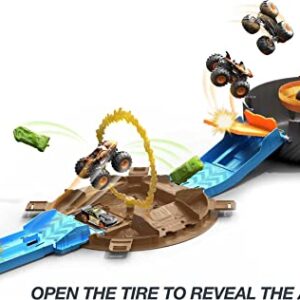 Hot Wheels Monster Trucks Stunt Tire Playset With 3 Toy Monster Trucks & 4 Hot Wheels Toy Cars in 1:64 Scale [Amazon Exclusive]