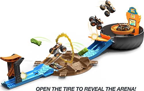 Hot Wheels Monster Trucks Stunt Tire Playset With 3 Toy Monster Trucks & 4 Hot Wheels Toy Cars in 1:64 Scale [Amazon Exclusive]