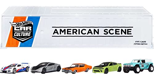 Hot Wheels Premium Car Culture American Scene Vehicles, 5-Pack of 1:64 Scale American-Made Models, Real Riders Tires, Gift for Collectors