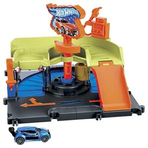 hot wheels city toy car track set downtown express car wash playset with 1:64 scale car, foam roller & drying flaps
