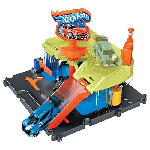 Hot Wheels City Toy Car Track Set Downtown Express Car Wash Playset with 1:64 Scale Car, Foam Roller & Drying Flaps