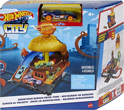 Hot Wheels Toy Car Track Set City Burger Drive-Thru Playset & 1:64 Scale Car, Connects to Other Sets & Tracks