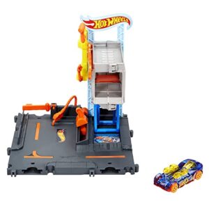 hot wheels city toy car track set downtown repair station playset with 1:64 scale vehicle, working lift & launcher
