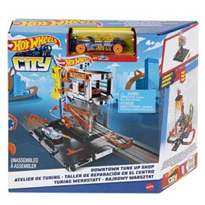 Hot Wheels City Toy Car Track Set Downtown Repair Station Playset with 1:64 Scale Vehicle, Working Lift & Launcher