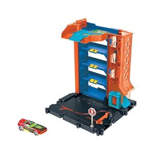 hot wheels city toy car track set downtown car park playset with 1:64 scale vehicle, 4 levels, working lift & exit chute