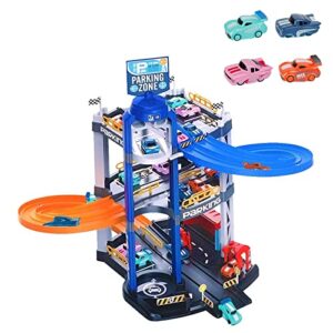 sgota city ultimate garage playset, 3-level garage toy set with 4 cars, race car track sets toy vehicle playsets with double-track ramp & elevator, car garage toys gift for boys 3 years & older