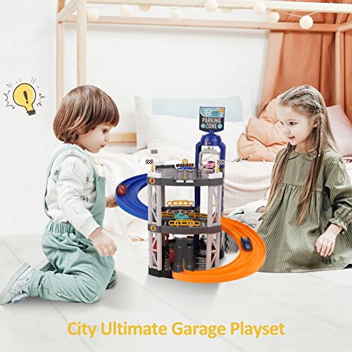 SGOTA City Ultimate Garage Playset, 3-Level Garage Toy Set with 4 Cars, Race Car Track Sets Toy Vehicle Playsets with Double-Track Ramp & Elevator, Car Garage Toys Gift for Boys 3 Years & Older