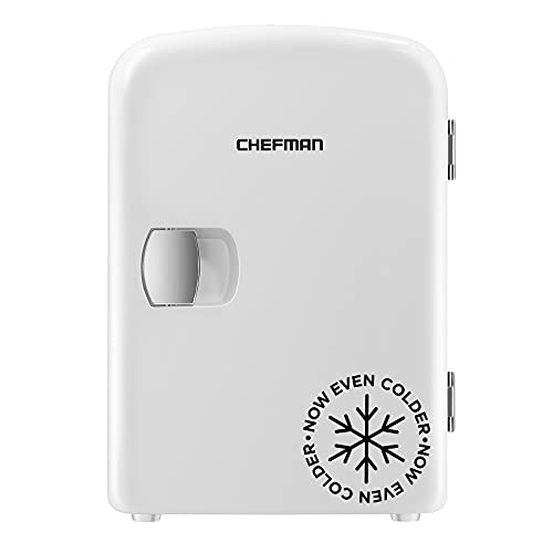 Chefman Mini Portable Personal Fridge Extra-Cold Or Warm, Compact Storage for Skin Care, Formula, Or Snacks, Fits 6 12-oz Cans, Lightweight 4-Liter Capacity, White