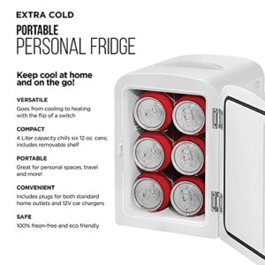 Chefman Mini Portable Personal Fridge Extra-Cold Or Warm, Compact Storage for Skin Care, Formula, Or Snacks, Fits 6 12-oz Cans, Lightweight 4-Liter Capacity, White