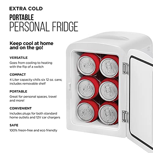 Chefman Mini Portable Personal Fridge Extra-Cold Or Warm, Compact Storage for Skin Care, Formula, Or Snacks, Fits 6 12-oz Cans, Lightweight 4-Liter Capacity, White