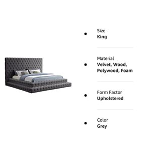 Meridian Furniture Revel Collection Velvet Upholstered Bed with Deep Button Tufting, King, Grey