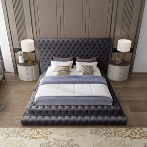 Meridian Furniture Revel Collection Velvet Upholstered Bed with Deep Button Tufting, King, Grey