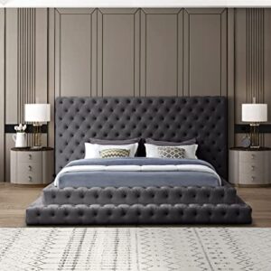 Meridian Furniture Revel Collection Velvet Upholstered Bed with Deep Button Tufting, King, Grey