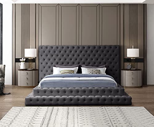 Meridian Furniture Revel Collection Velvet Upholstered Bed with Deep Button Tufting, King, Grey