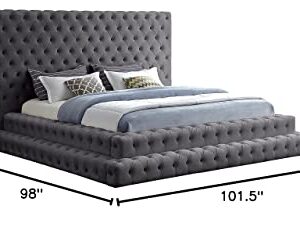 Meridian Furniture Revel Collection Velvet Upholstered Bed with Deep Button Tufting, King, Grey