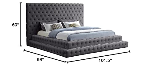 Meridian Furniture Revel Collection Velvet Upholstered Bed with Deep Button Tufting, King, Grey