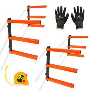 JF ROSSI Wood Storage Organizer Rack - Pack of 4 Heavy Duty - Complete with Work Gloves and Measuring Tape 3 Level Wall Mounted Metal Lumber Shelf