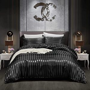 sisher 5pcs king comforter, stripe silk bedding sets for man woman, luxury rich black bed in a bag king (1 comforter, 2 pillowcases, 1 flat sheet, 1 fitted sheet)