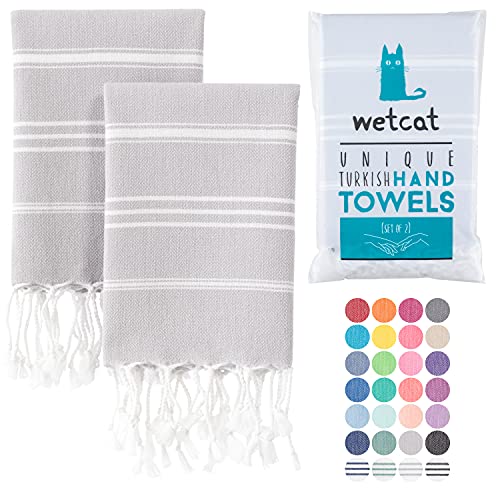 WETCAT Turkish Hand Towels with Hanging Loop (20 x 30) - Set of 2, 100% Cotton, Soft - Pre Washed Boho Farmhouse Kitchen Towels - Unique Decorative Hand Towels for Bathroom (Light Grey)