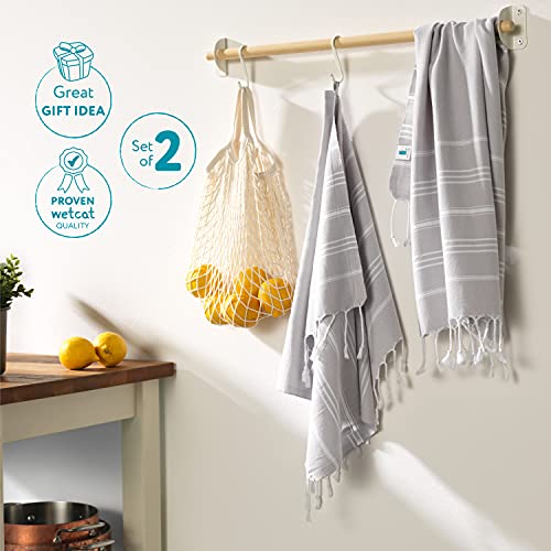 WETCAT Turkish Hand Towels with Hanging Loop (20 x 30) - Set of 2, 100% Cotton, Soft - Pre Washed Boho Farmhouse Kitchen Towels - Unique Decorative Hand Towels for Bathroom (Light Grey)