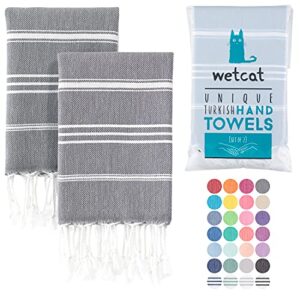 WETCAT Turkish Hand Towels with Hanging Loop (20 x 30) - Set of 2, 100% Cotton, Soft - Pre Washed Boho Farmhouse Kitchen Towels - Unique Decorative Hand Towels for Bathroom (Dark Gray)