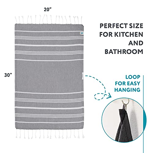 WETCAT Turkish Hand Towels with Hanging Loop (20 x 30) - Set of 2, 100% Cotton, Soft - Pre Washed Boho Farmhouse Kitchen Towels - Unique Decorative Hand Towels for Bathroom (Dark Gray)