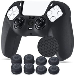 yorha grip texture silicone cover skin case for ps5 dualsense controller x 1(black) with pro thumb grips x 8