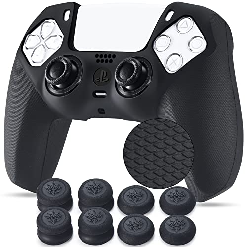 YoRHa Grip Texture Silicone Cover Skin Case for PS5 Dualsense Controller x 1(Black) with Pro Thumb Grips x 8