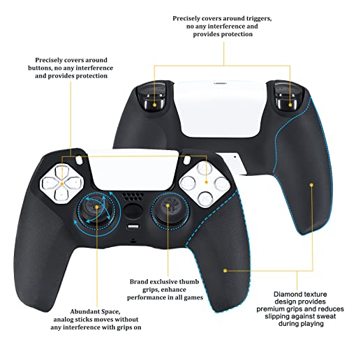 YoRHa Grip Texture Silicone Cover Skin Case for PS5 Dualsense Controller x 1(Black) with Pro Thumb Grips x 8