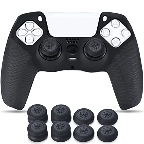 YoRHa Grip Texture Silicone Cover Skin Case for PS5 Dualsense Controller x 1(Black) with Pro Thumb Grips x 8