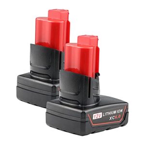 powerost 2packs 6ah 12v replacement battery compatible with milwaukee m12 48-11-2410 48-11-2420 48-11-2411 48-11-2401 48-11-2402 cordless power tools battery, 5.47x5.04x4.09 inches