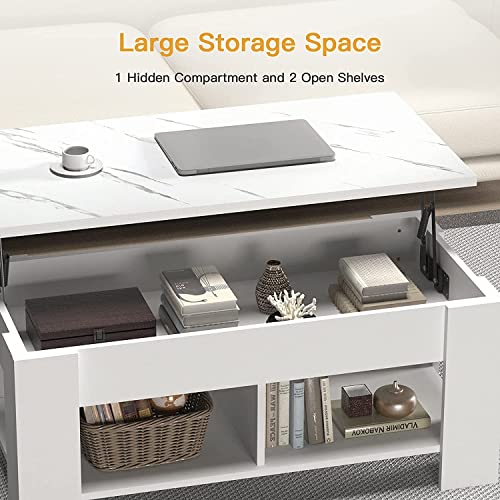 NOBLEWELL Lift Top Coffee Table with Storage Compartment and Separated Open Shelves, Pop Up Coffee Table for Living Room, 39.4in L, White Marble