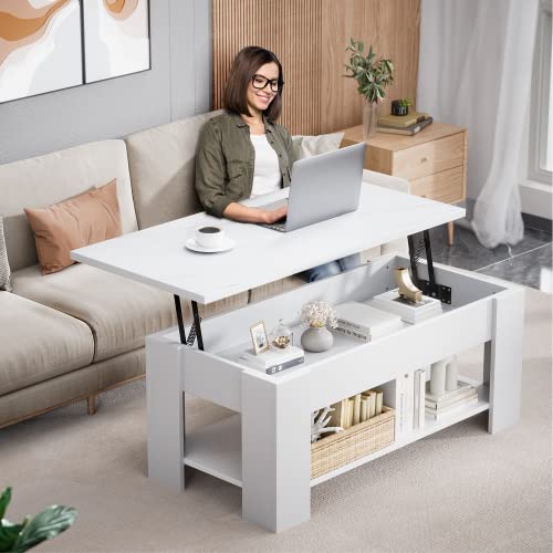 NOBLEWELL Lift Top Coffee Table with Storage Compartment and Separated Open Shelves, Pop Up Coffee Table for Living Room, 39.4in L, White Marble